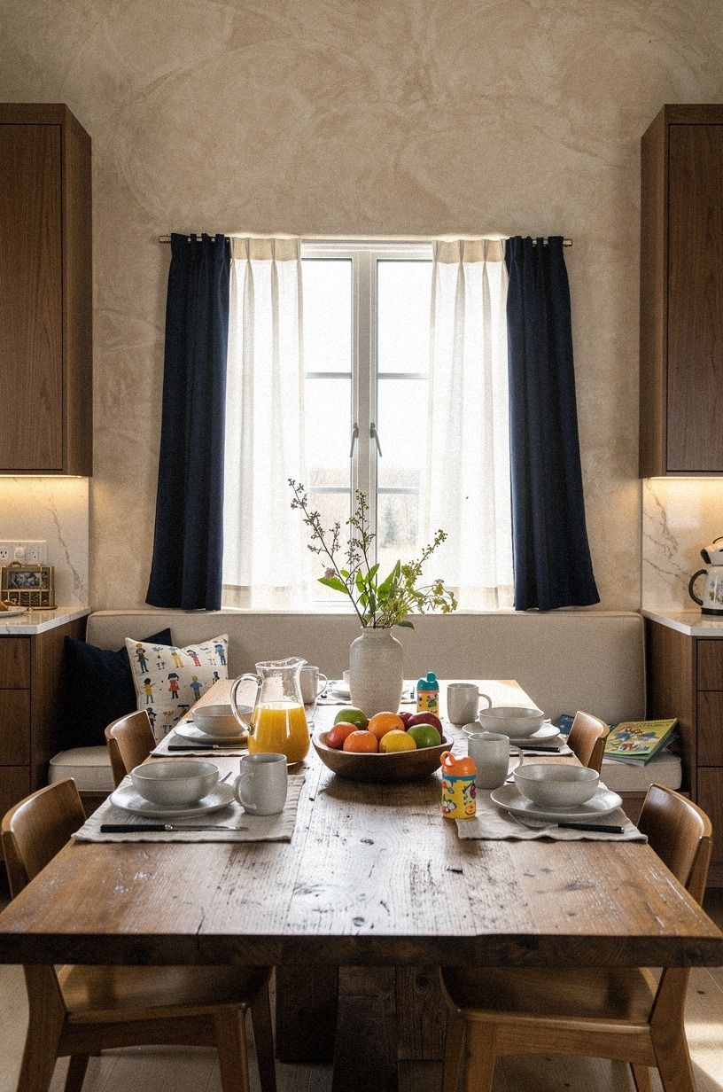 Mount cafe curtains behind the breakfast bench