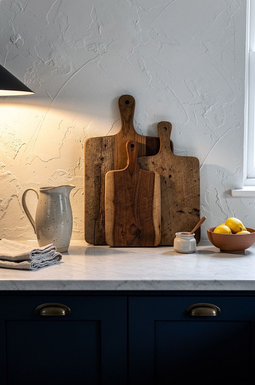 Display cutting boards beside a stoneware pitcher