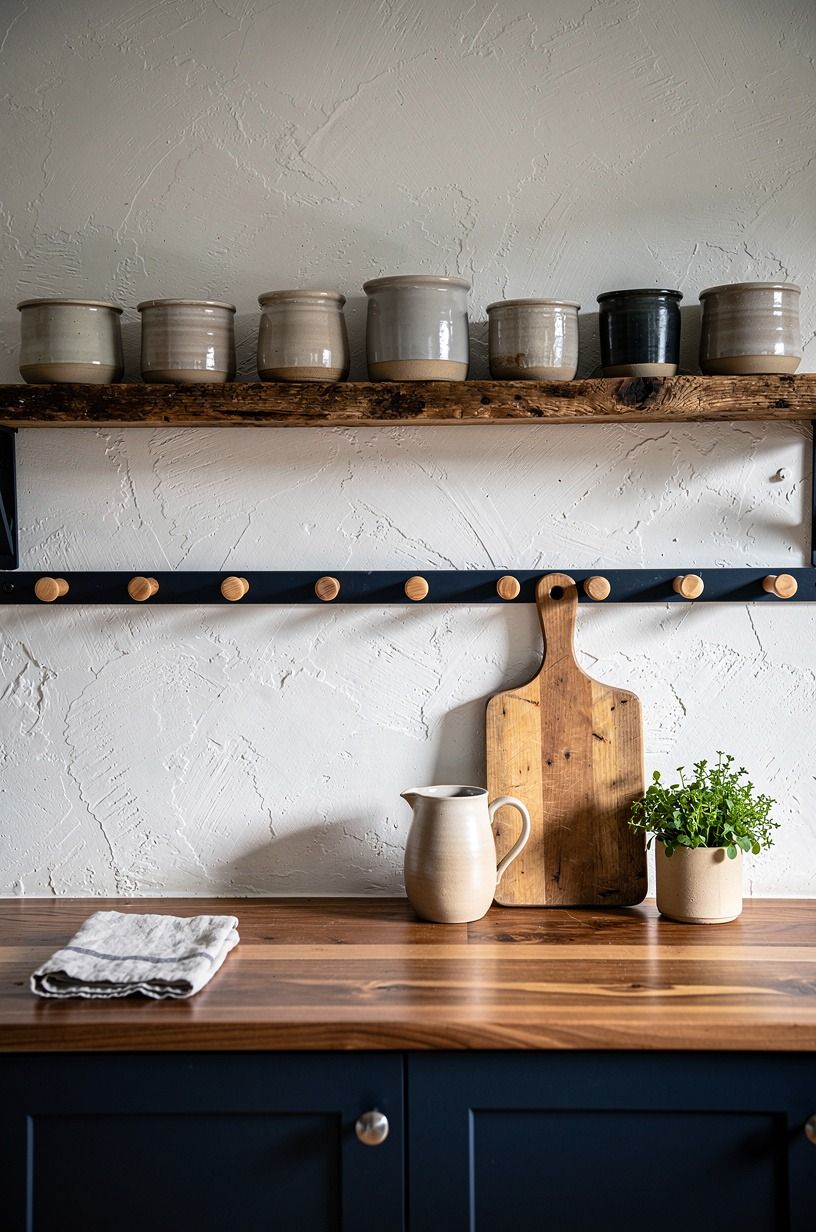 Display stoneware crocks along a peg rail