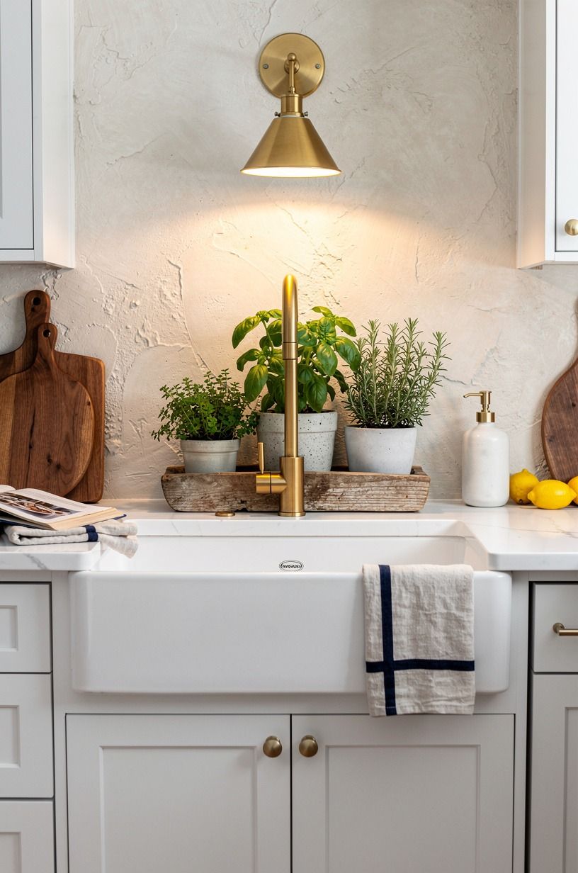 Group herb pots near the sink