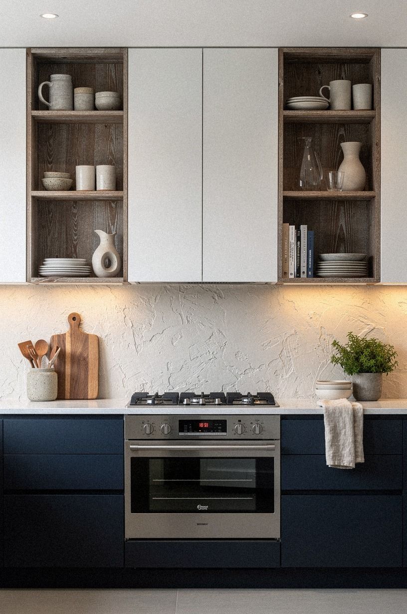 Mix open cubbies against closed upper cabinets