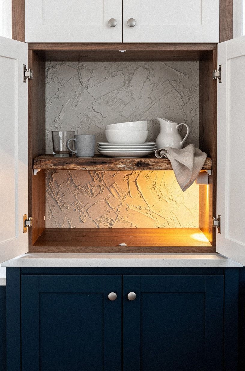 Style one open cabinet with everyday dishes