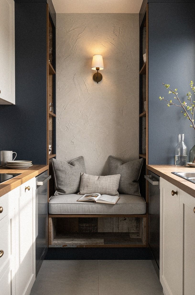Slide a cushioned bench between pantry cabinets (Cabinet Walls, Soft Center)