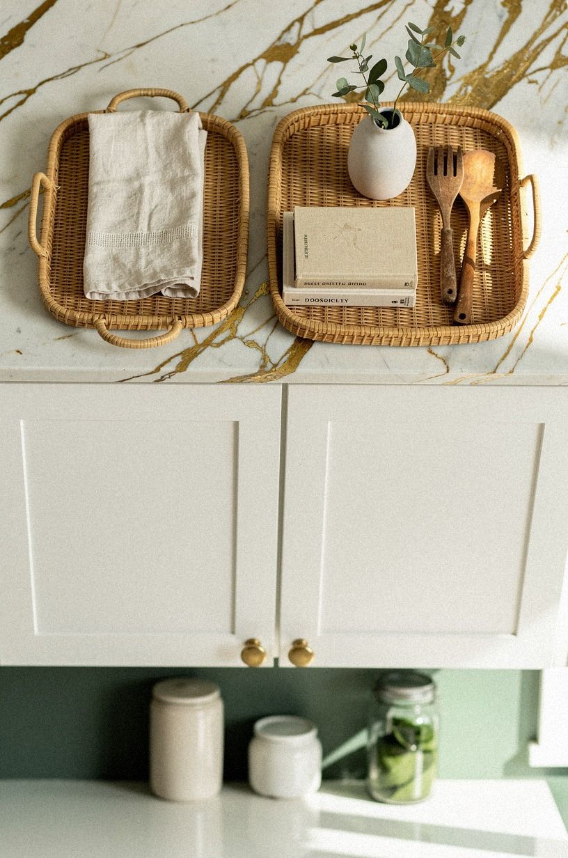 Add rattan trays for a collected shelf look