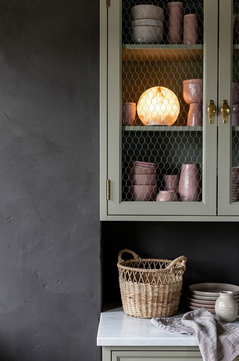 Add glass front cabinets with chicken wire
