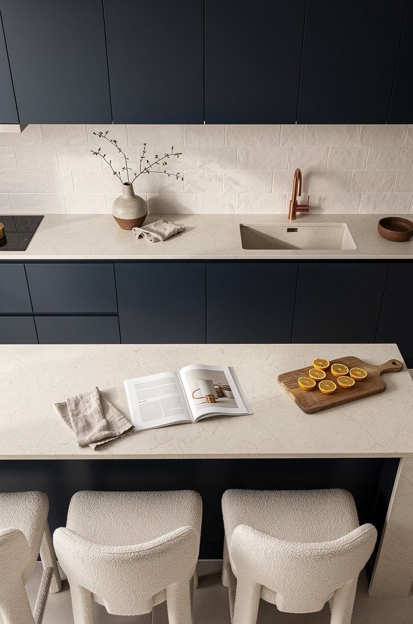 Keep the backsplash quiet with hand-glazed tile