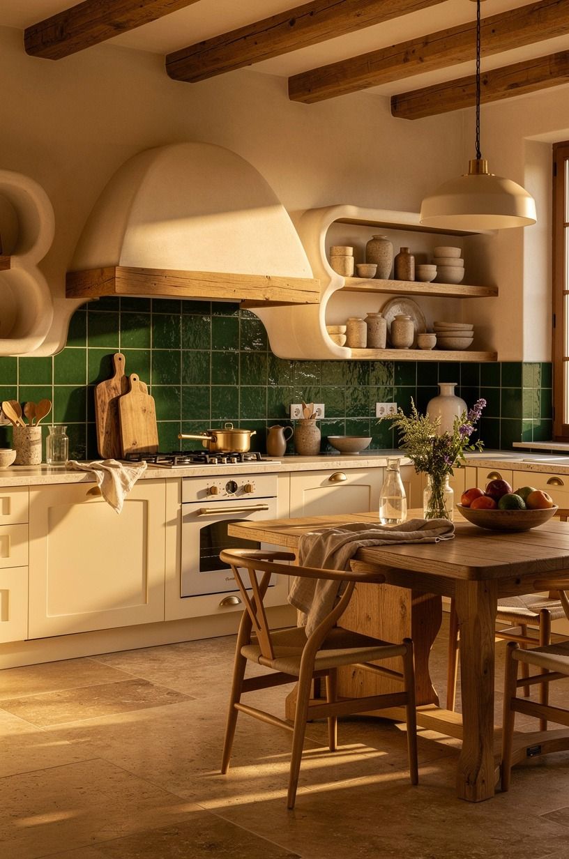 Layer the Two-Wood Rule for a rustic European kitchen
