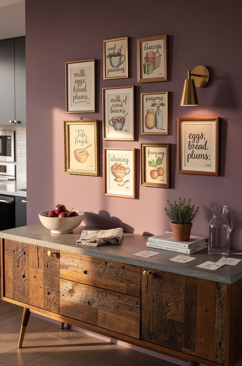 Mix antique frames with grocery-list art