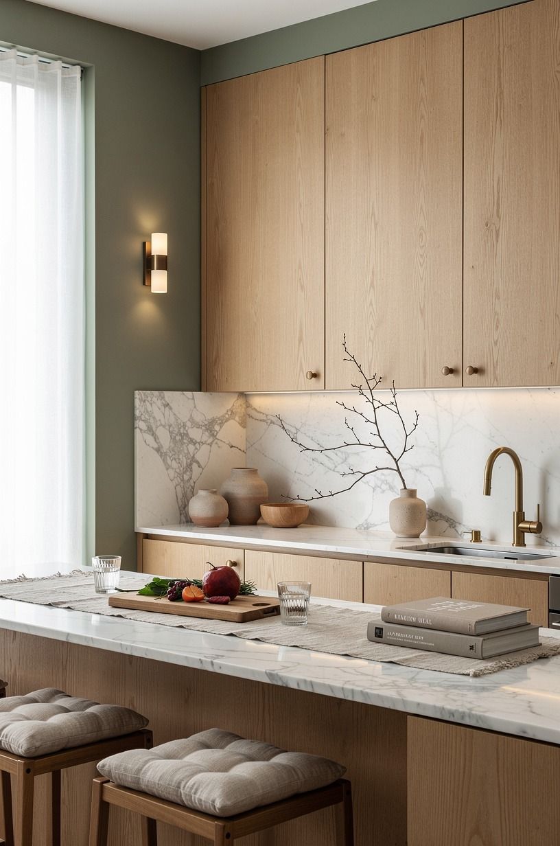 Mix Sherwin-Williams Evergreen Fog SW 9130 with oak