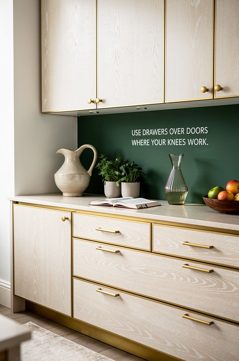 Use drawers over doors where your knees work