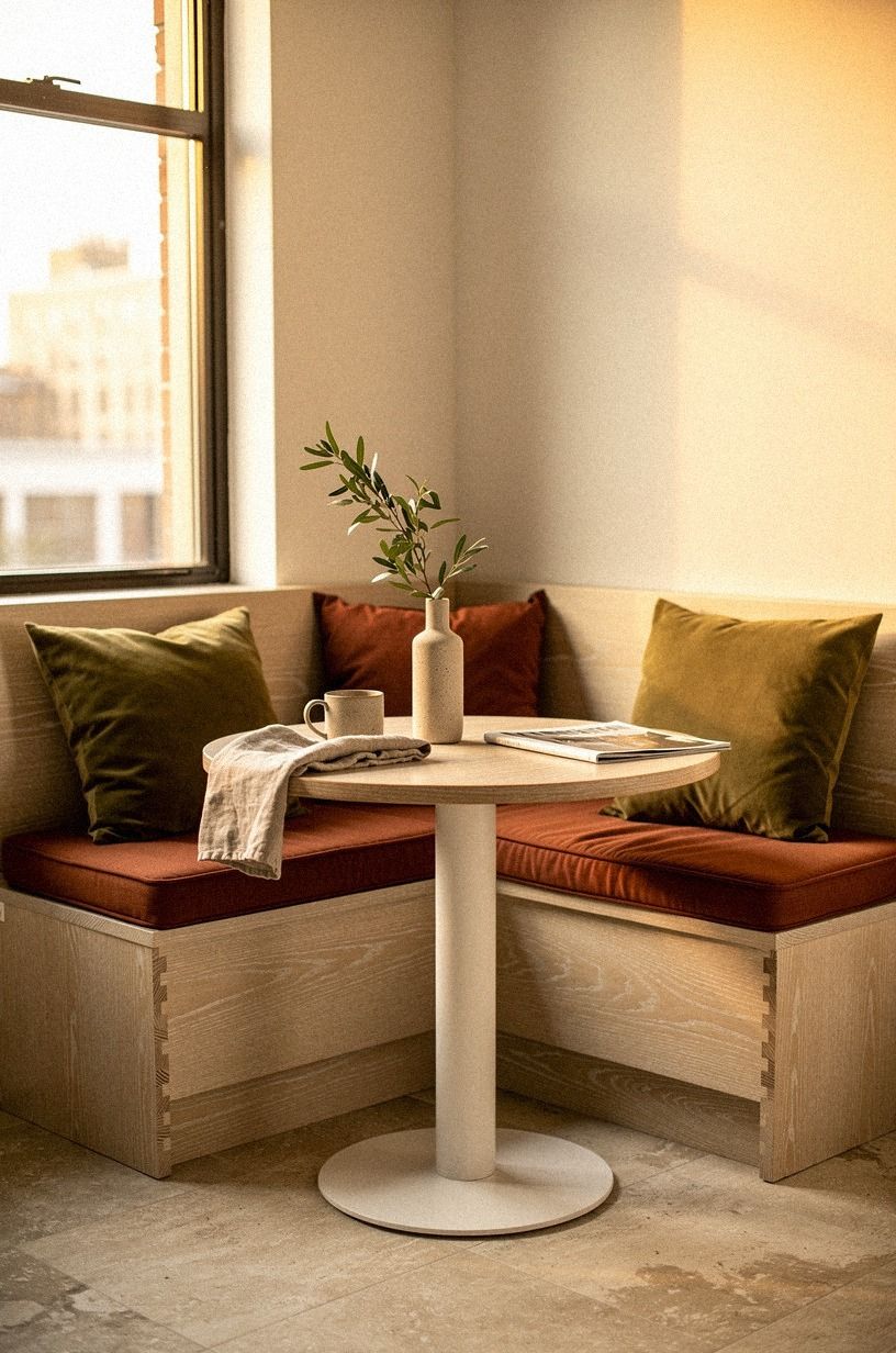 Tuck a curved banquette into the window corner