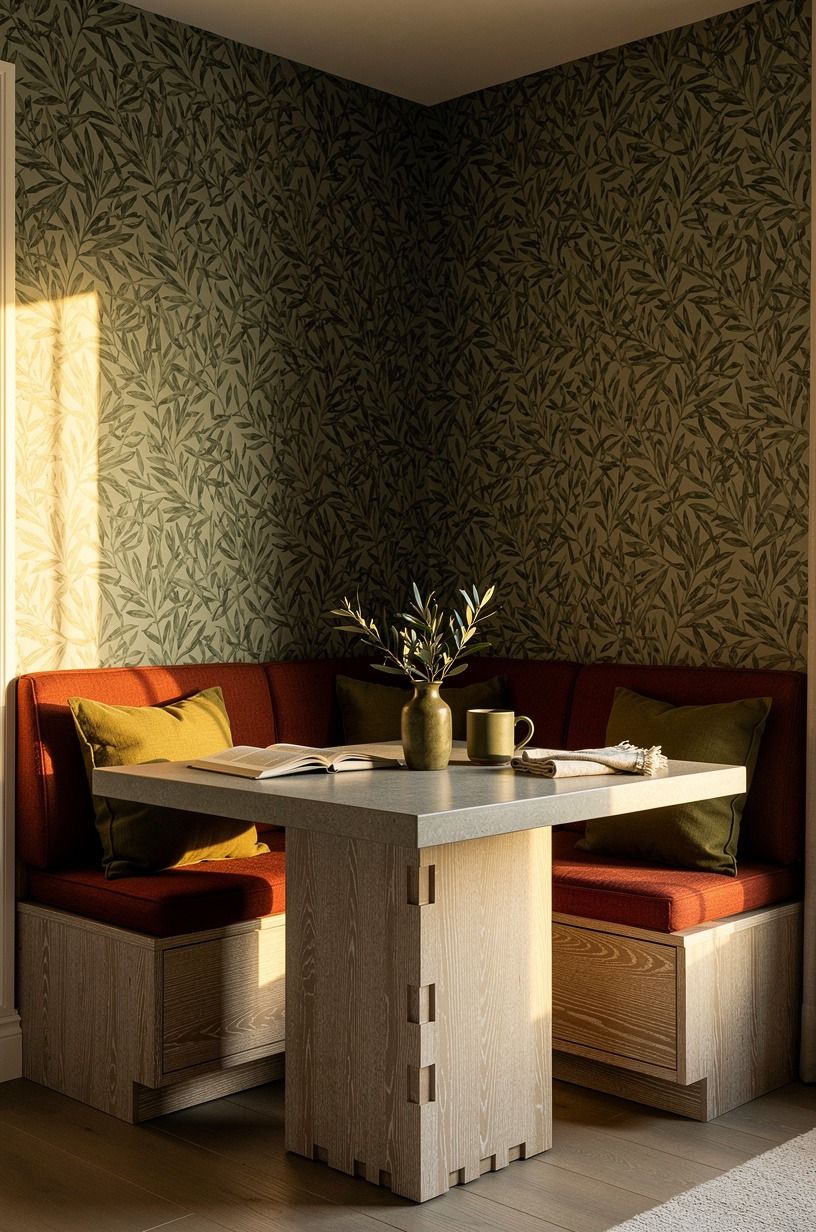 Start with a leafy wallpapered corner banquette