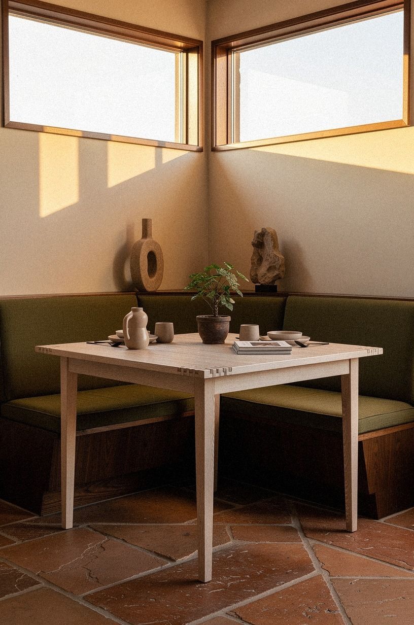 Anchor a walnut banquette beneath clerestory windows
