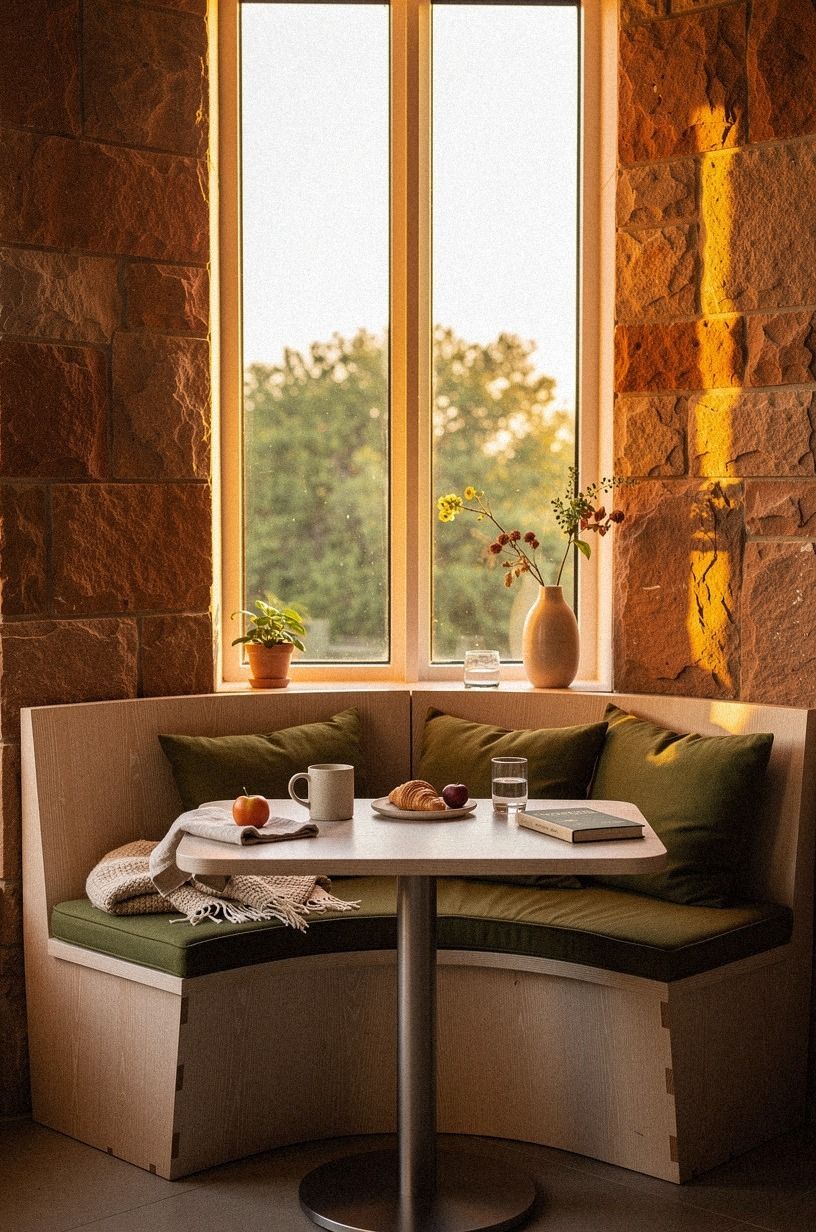 Claim the window corner with a curved banquette