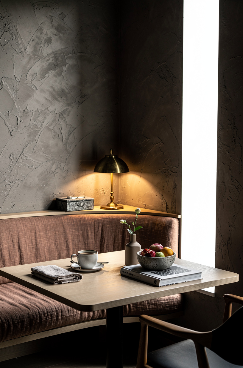Tuck a curved banquette beside the window