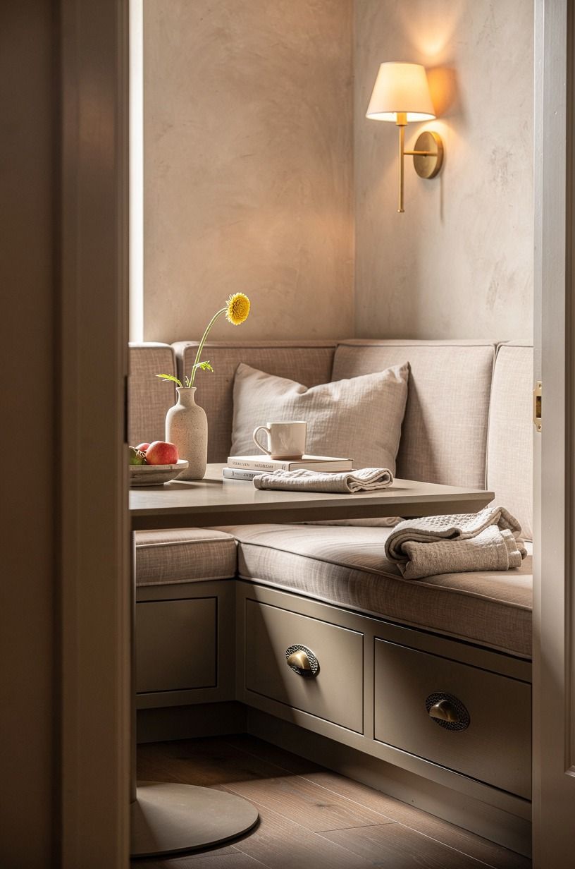 Build Banquette Drawers Beneath Linen Cushions