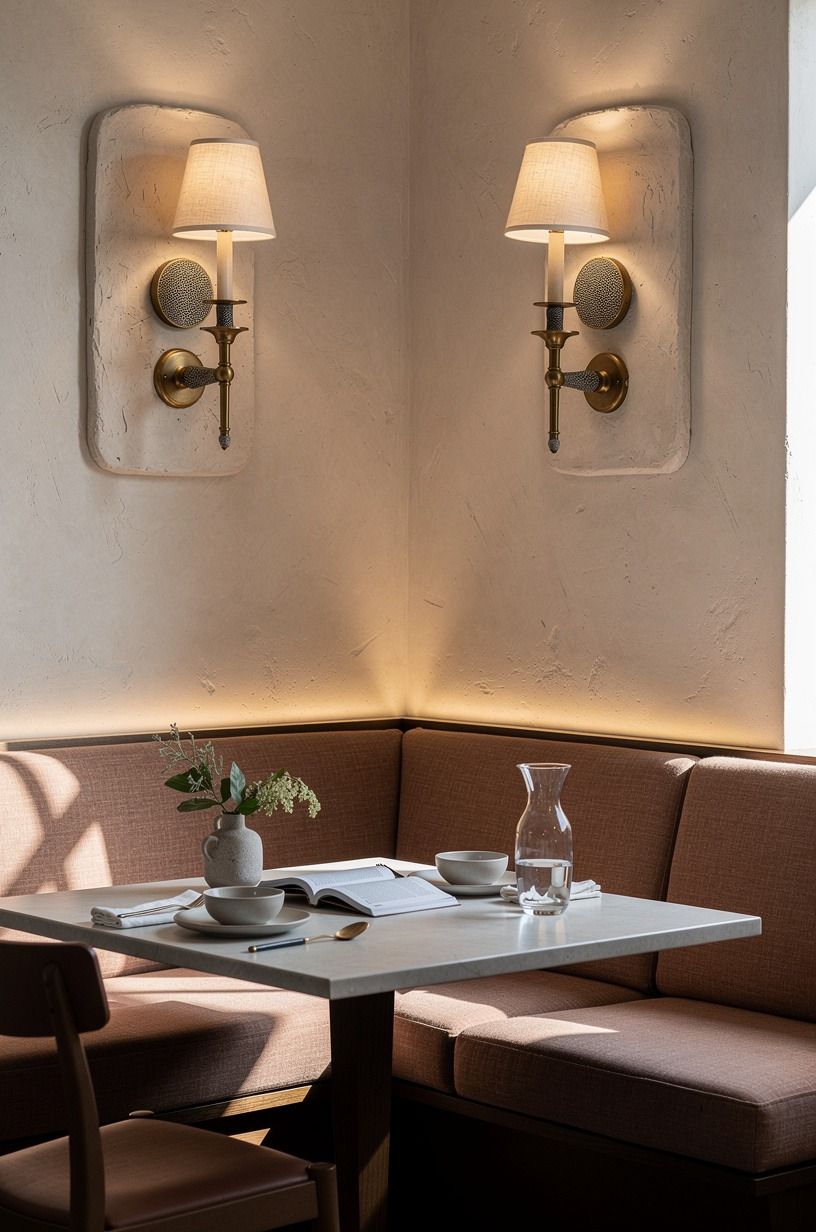 Layer sconces beside the banquette corner