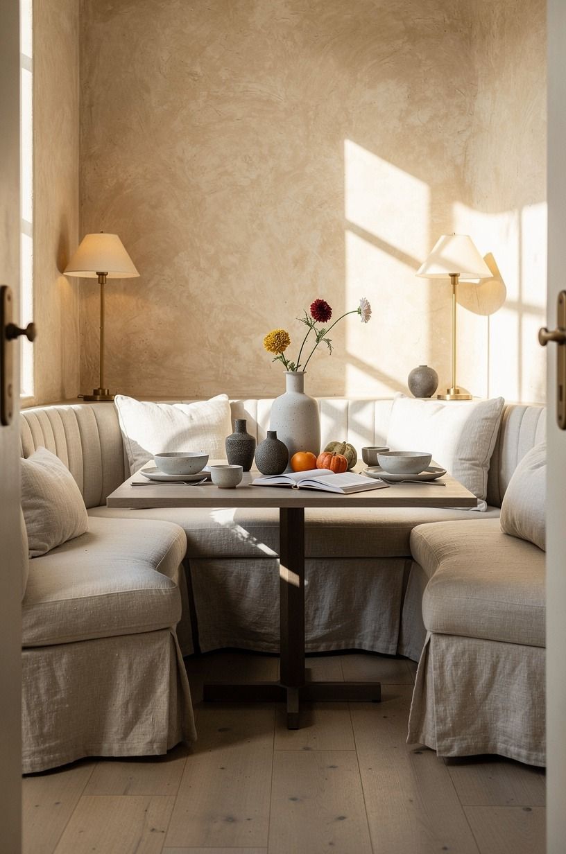Wrap the table with linen skirted benches