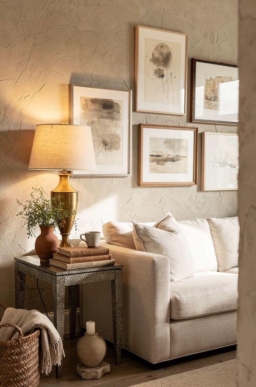 Cluster art salon-style above the sofa