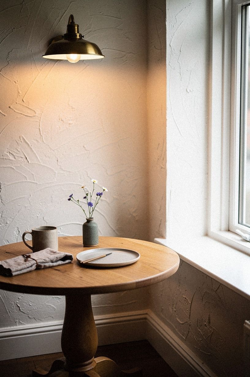 Tuck a round oak pedestal into the window corner