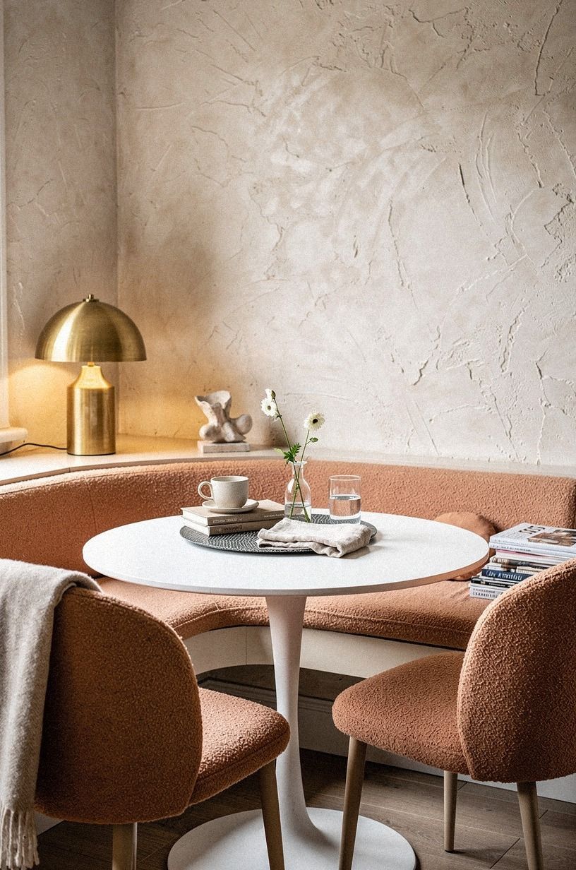 Pair a tulip table with boucle dining chairs (The Soft-Pedestal Move)