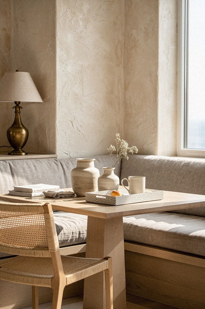 Anchor the nook with a pale oak pedestal table