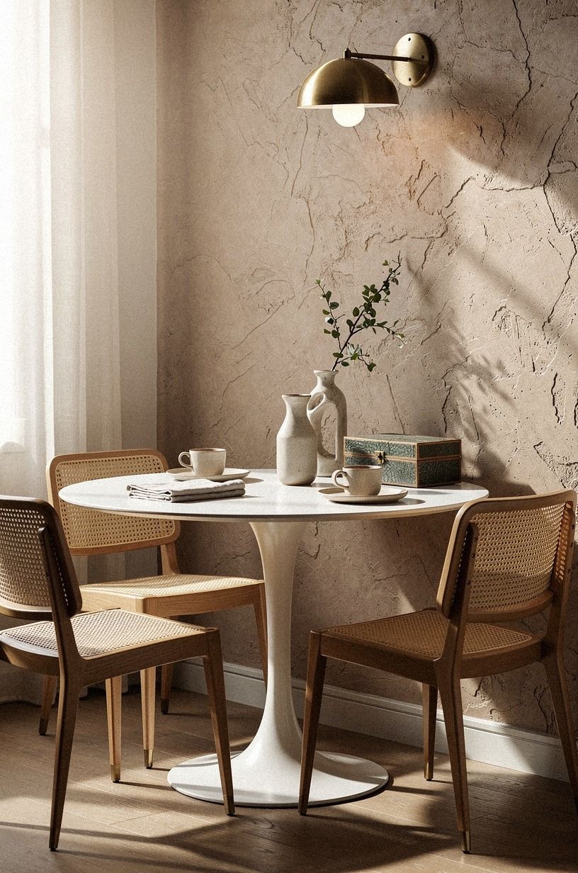 Pair a tulip table with cane side chairs