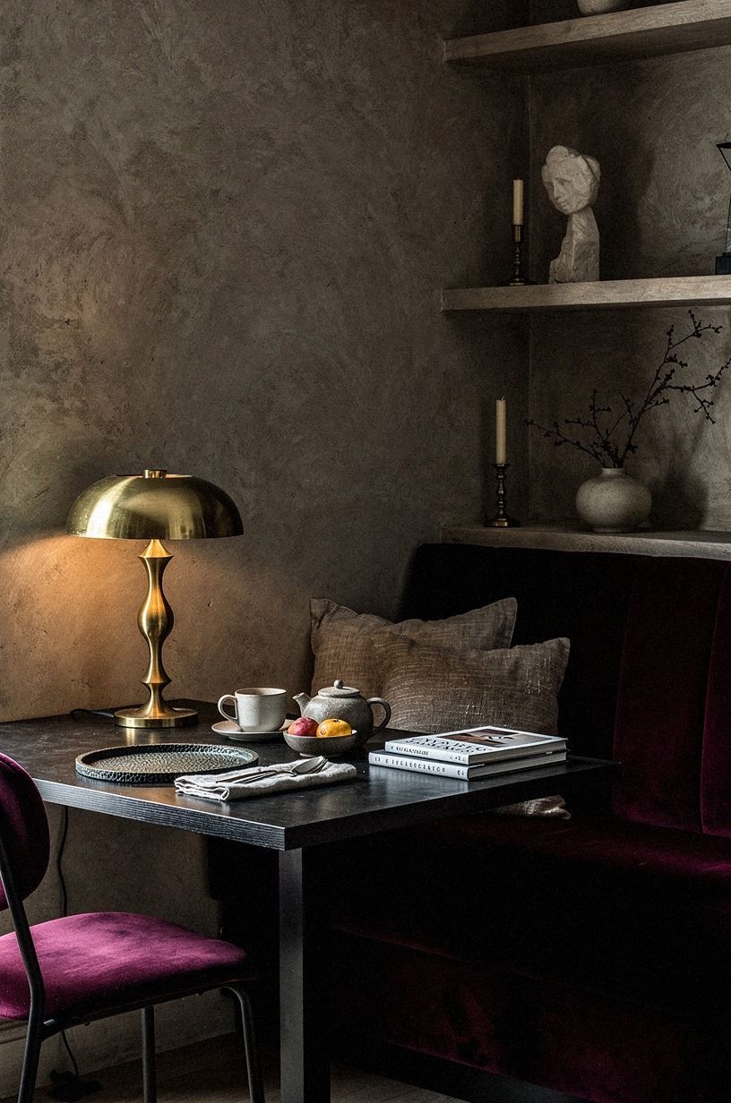 Wrap the banquette in oxblood velvet