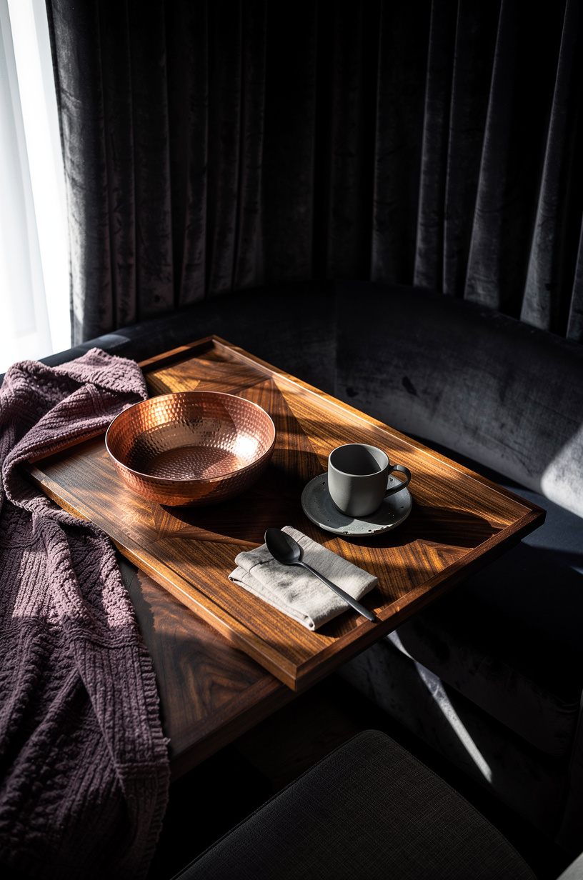 Frame the nook with smoky velvet curtains