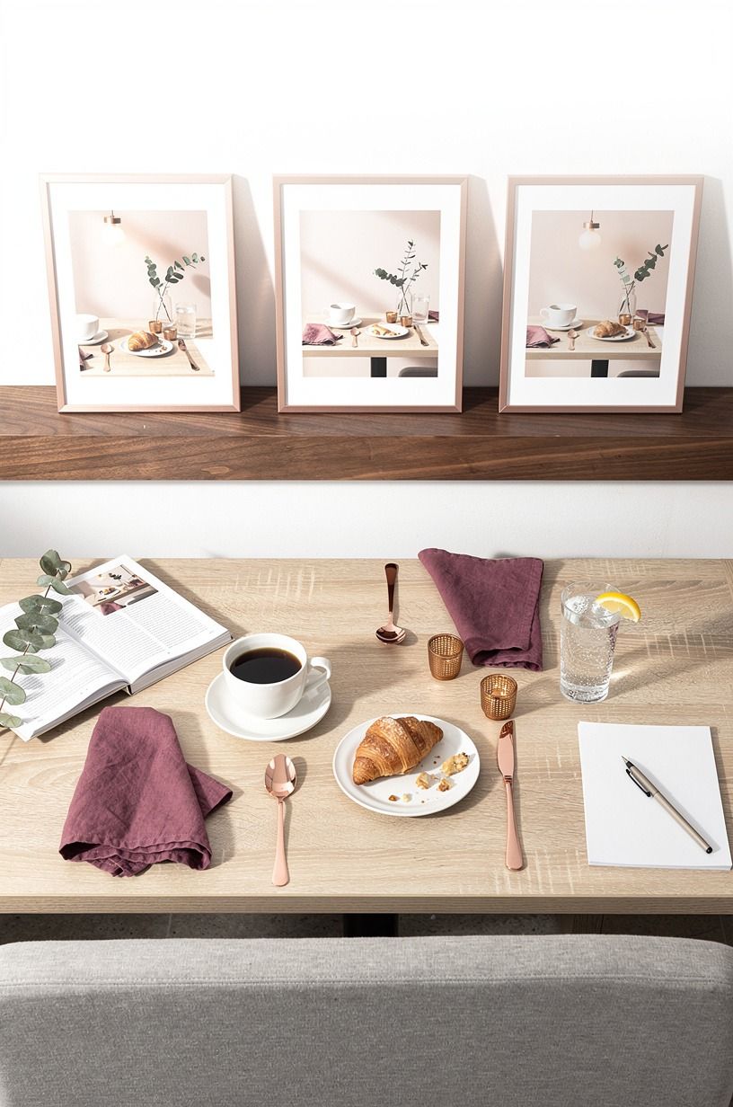 Frame a café print trio above the bench