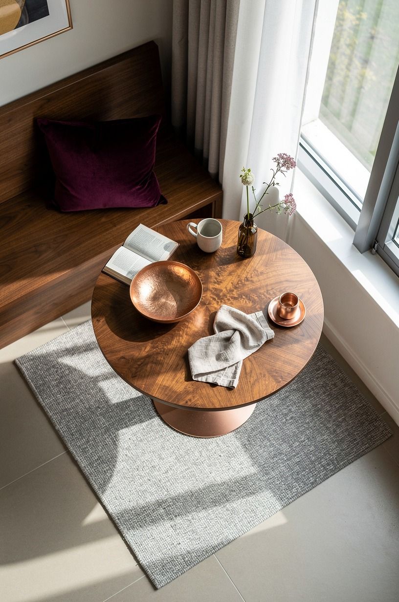 Tuck a round pedestal table by windows