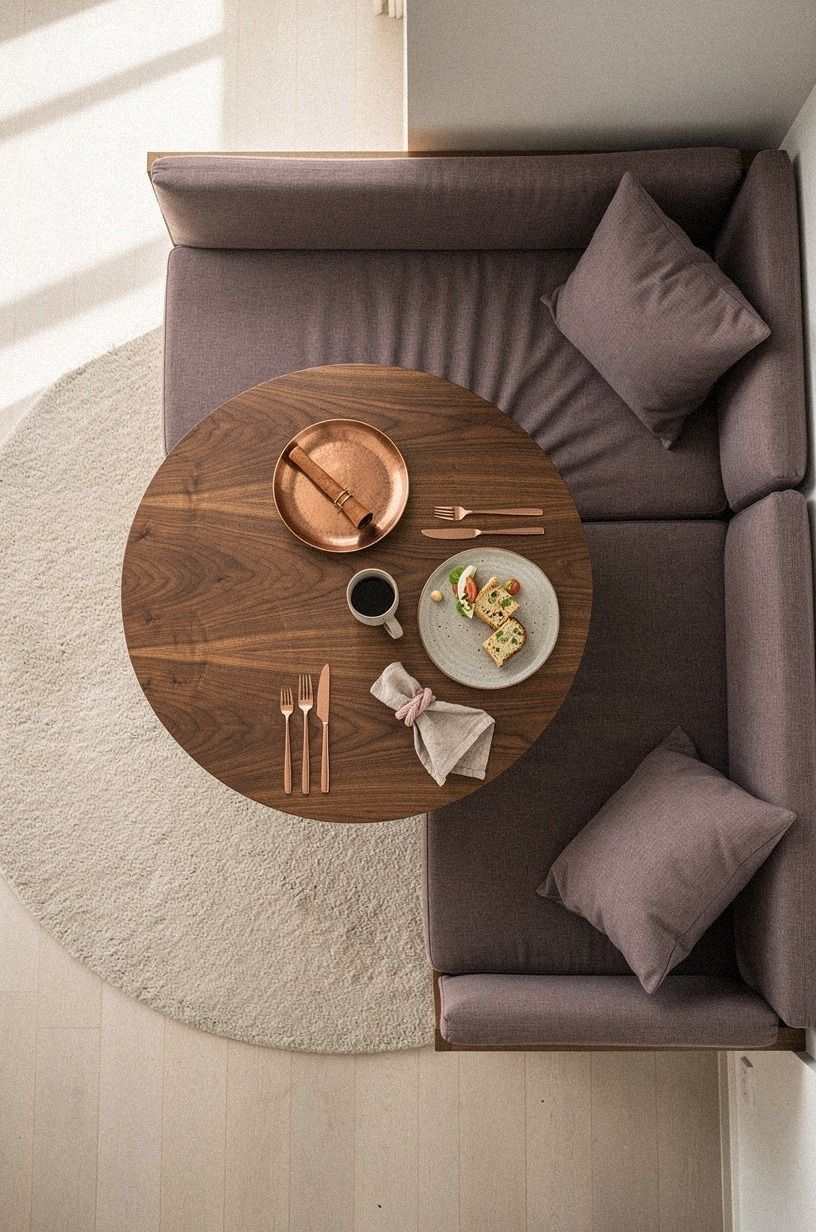 Zone the nook using a round wool rug (Why round beats rectangular here?)