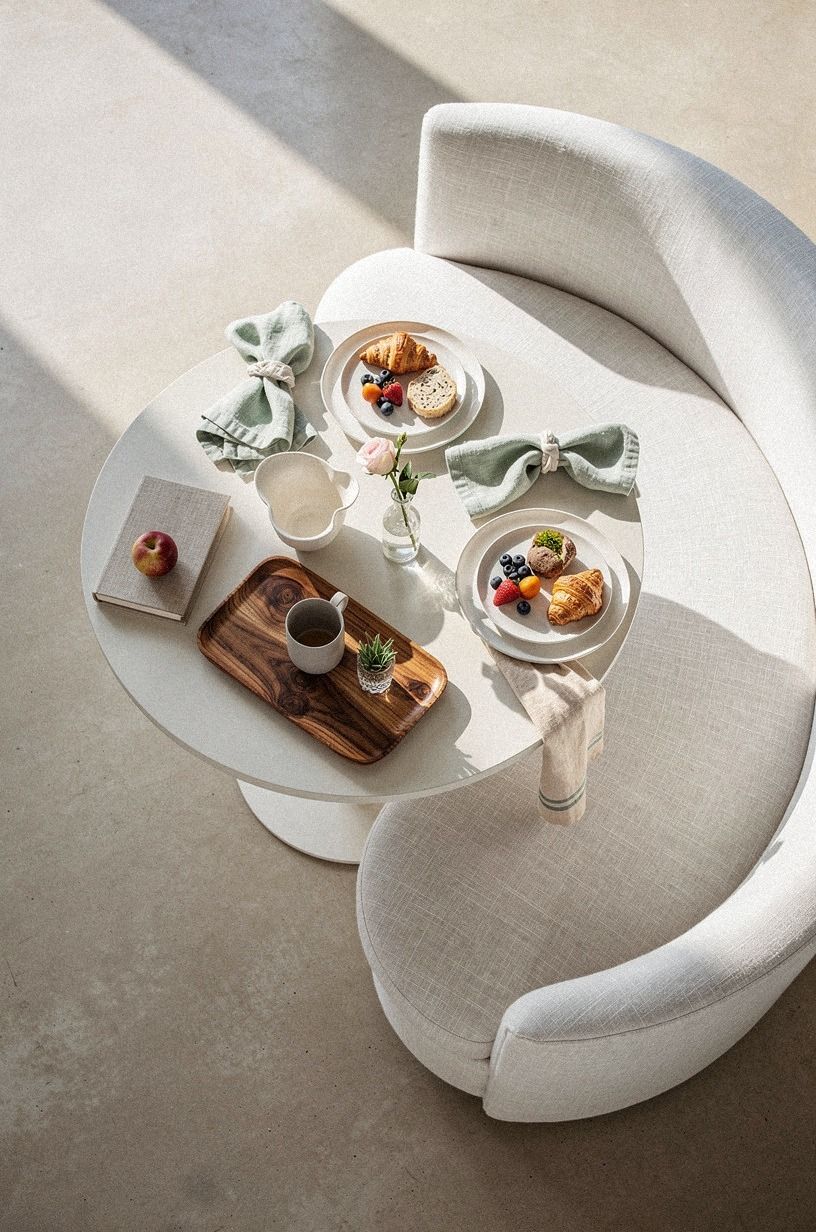 Build a curved banquette in whitewashed linen