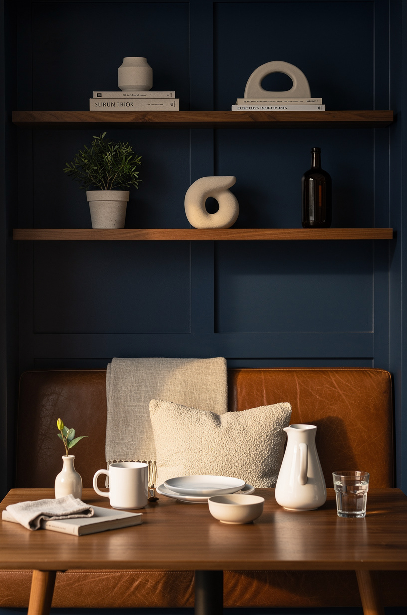 Tuck a leather bench under floating shelves