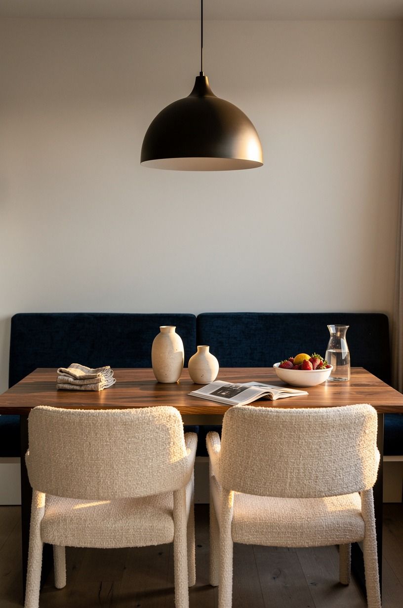 Hang one oversized pendant above the table (The One-Light Rule)