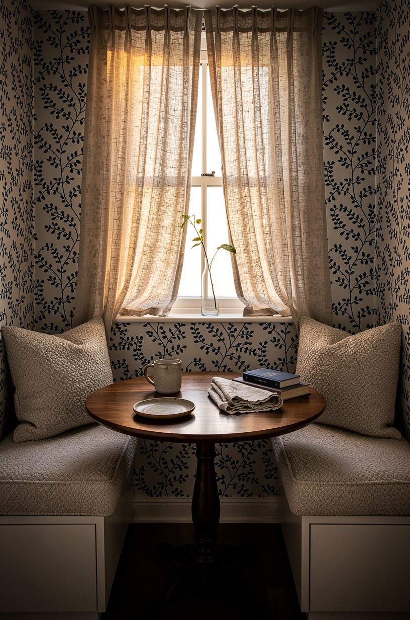 Hang café curtains against tiny vine wallpaper