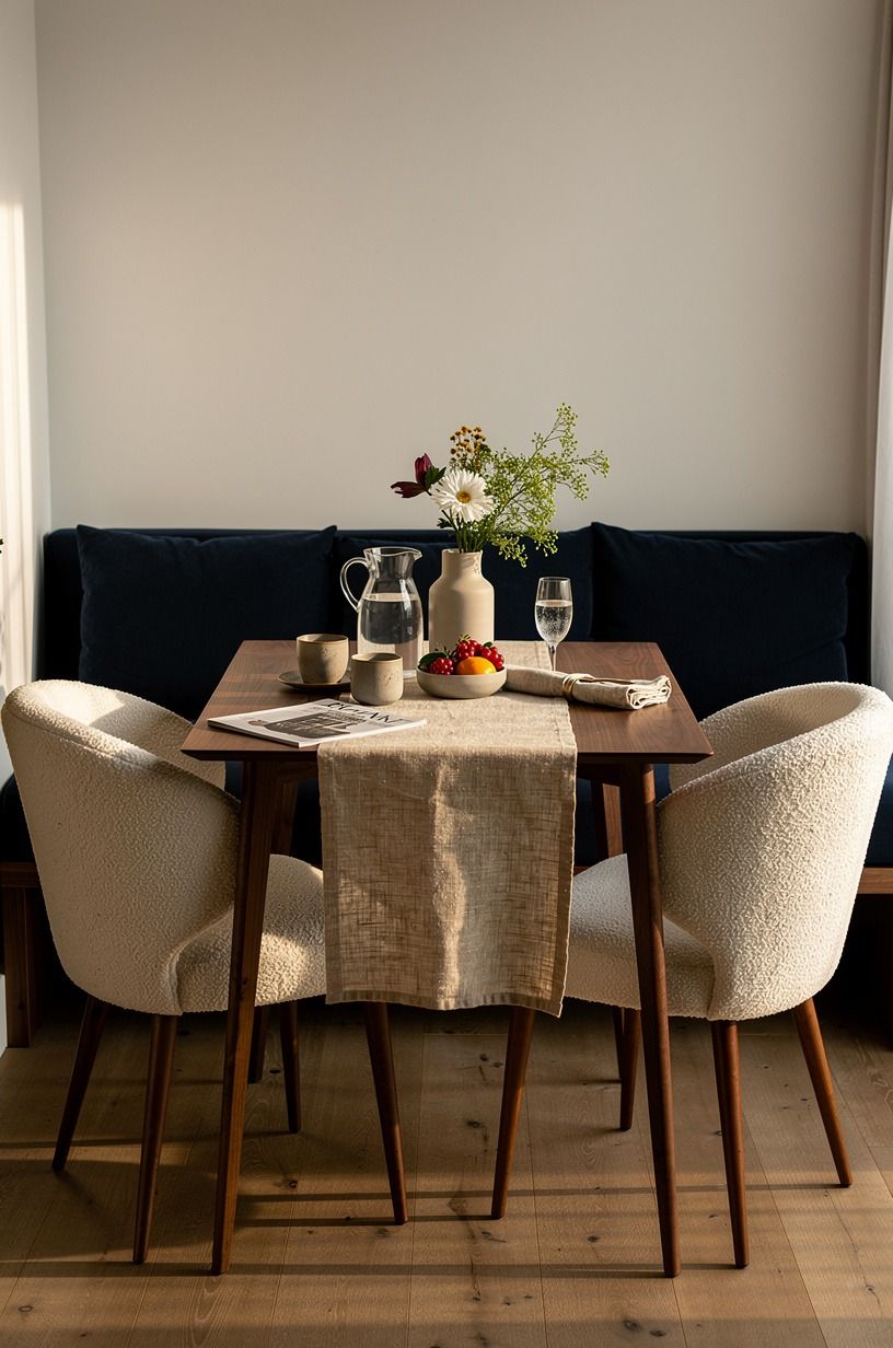 Pair one bench with two sculptural chairs