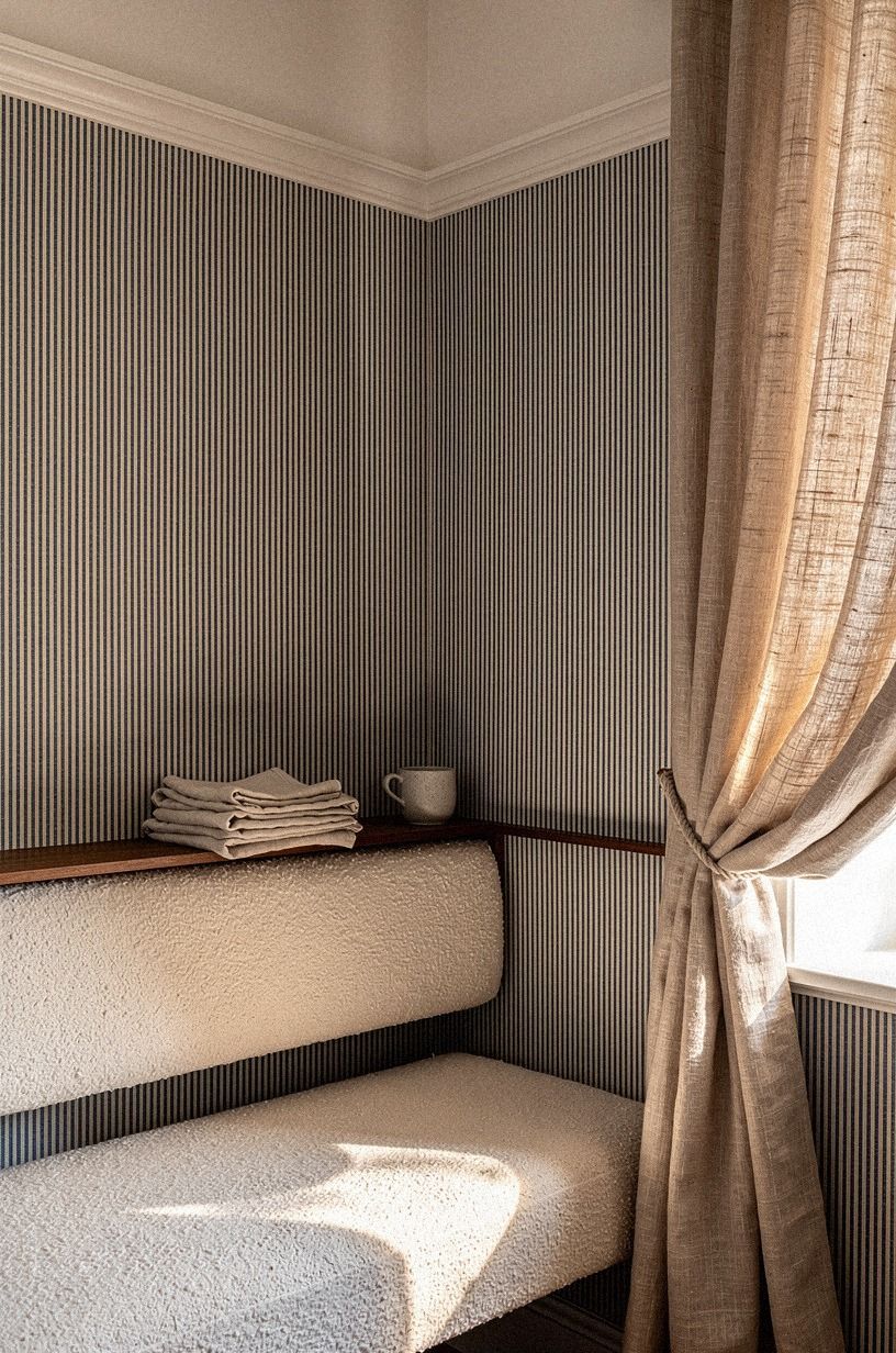 Hang grasscloth panels inside the alcove