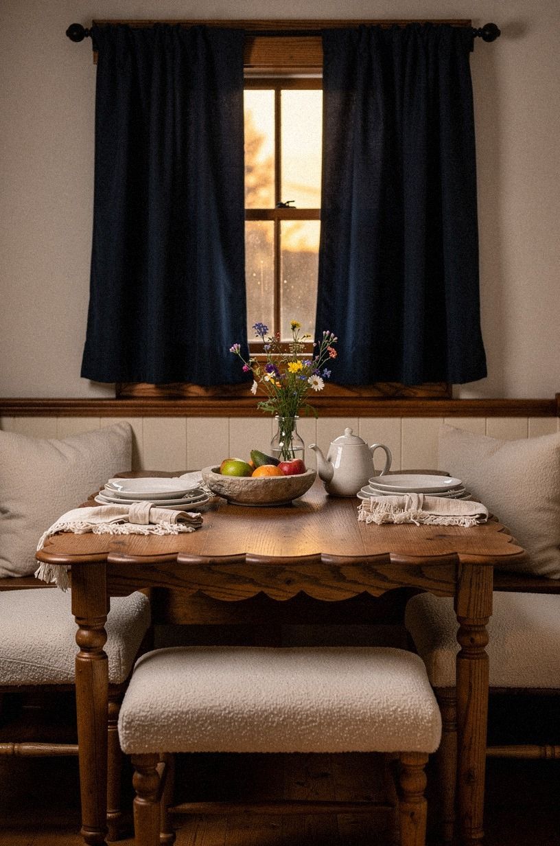 Picked a scalloped oak table for breakfast