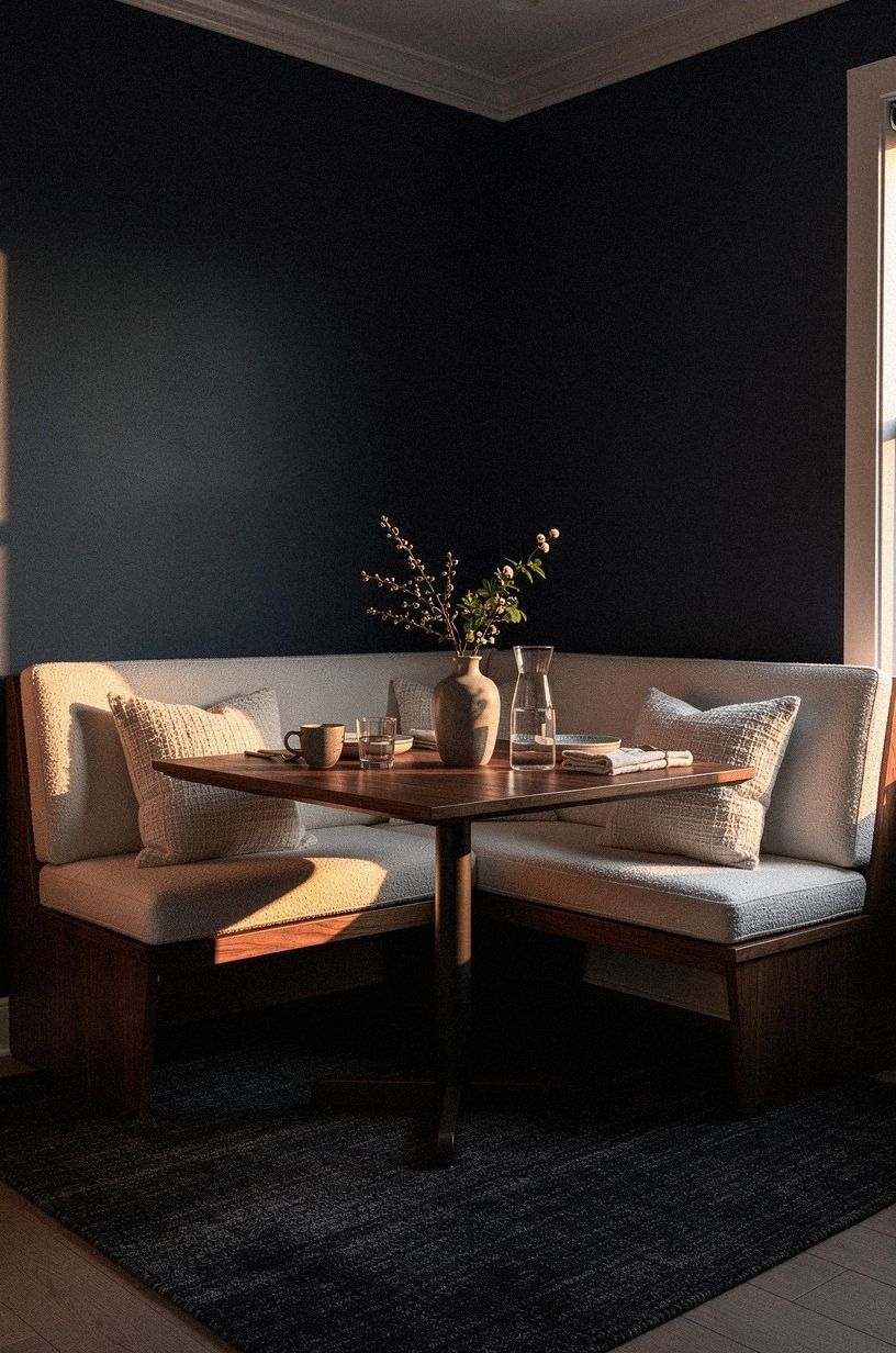 Anchor the corner with a charcoal wool rug