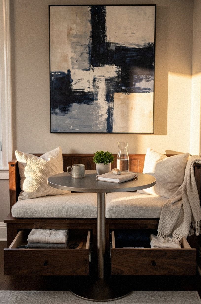 Tuck storage benches under the wall art