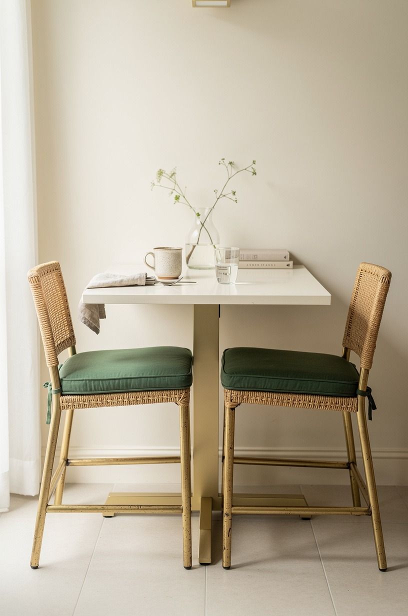 Tuck skirted stools under the nook (Soft Utility Beats Bare Legs)