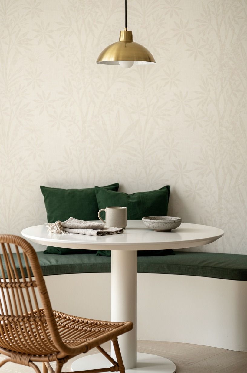 Build a curved bench under botanical wallpaper