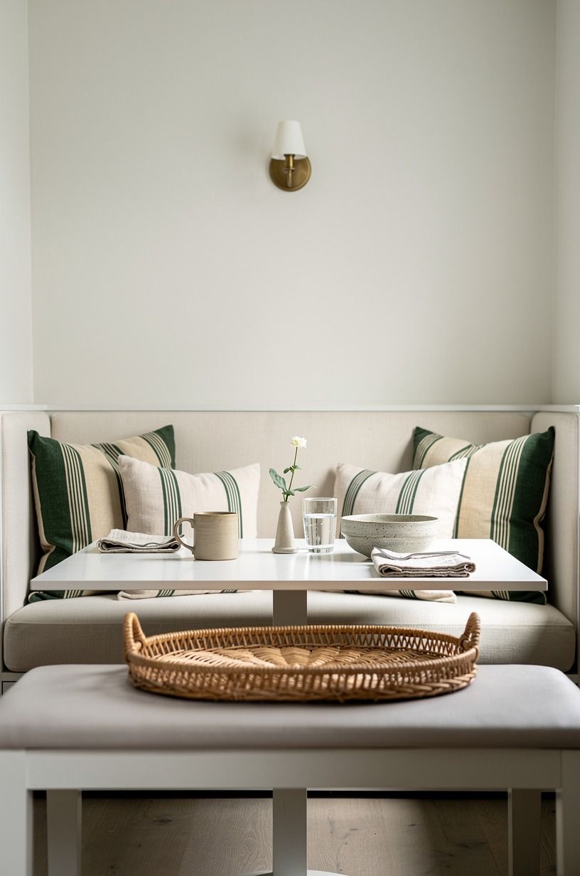 Layer striped cushions along the banquette