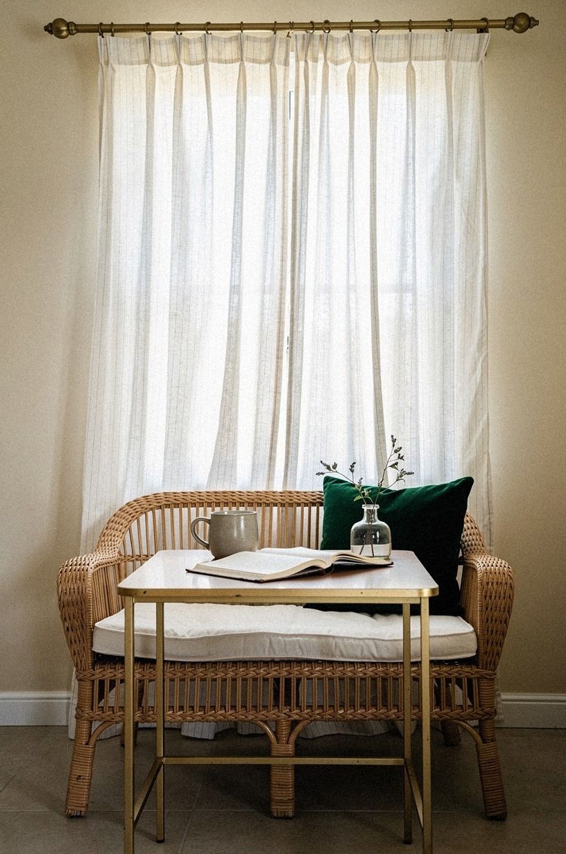 Pinned cottage sheers with vintage sashes