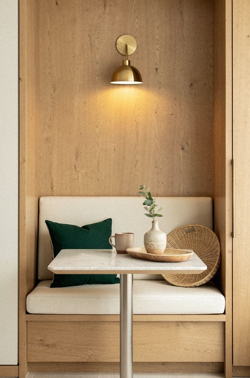 Wrap the corner in warm wood paneling (The Two-Wood Rule)