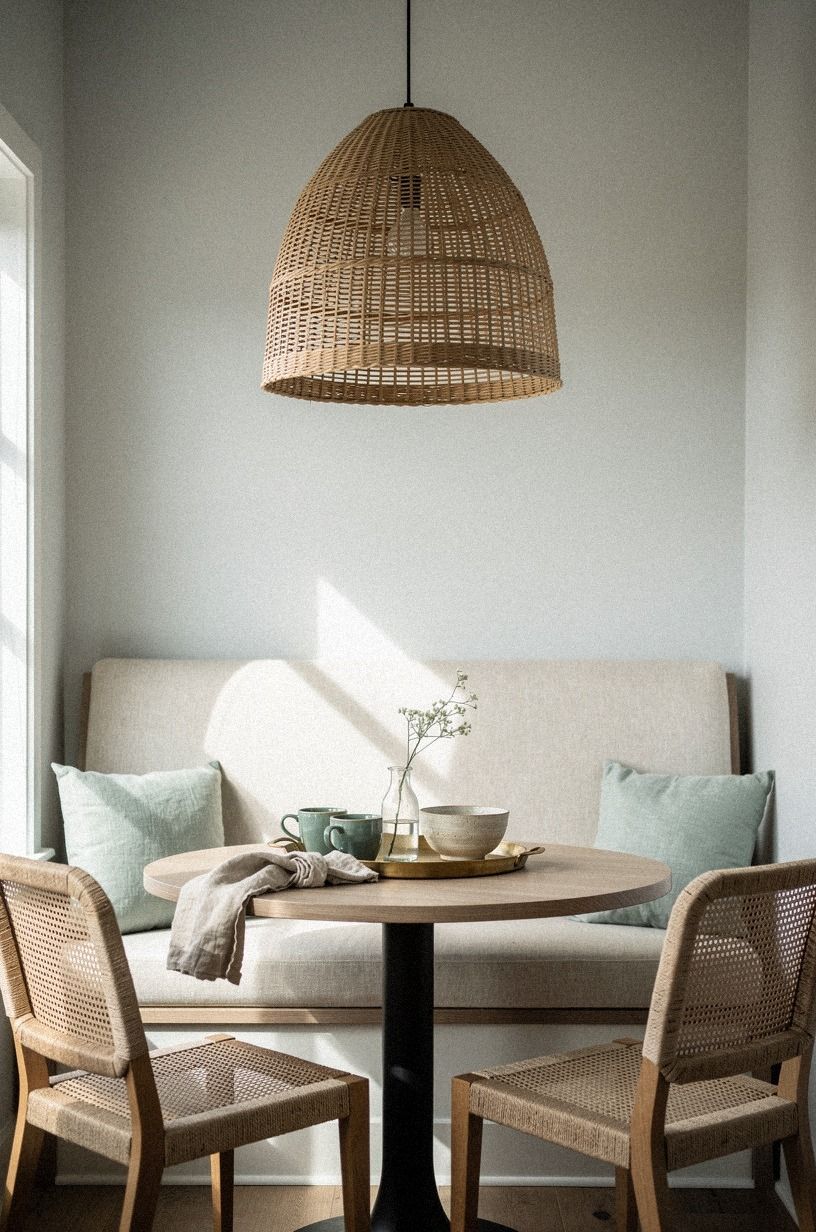 Hang a woven rattan pendant over breakfast