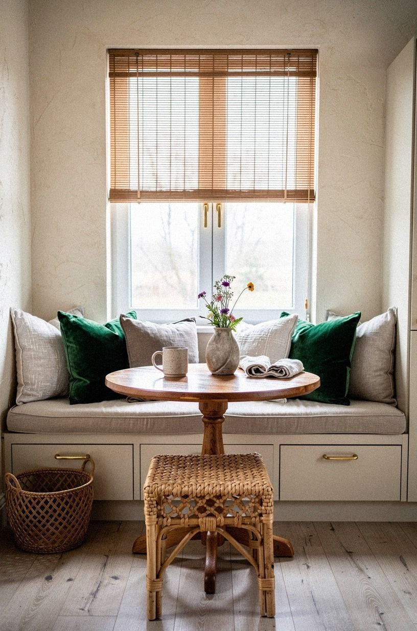 Hung bamboo shades to soften morning light
