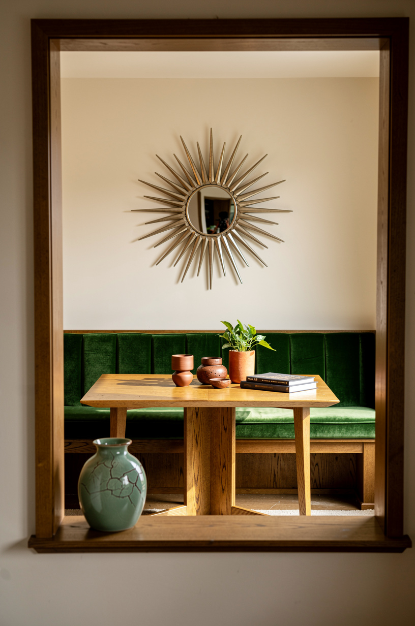 Layer a starburst mirror above the bench