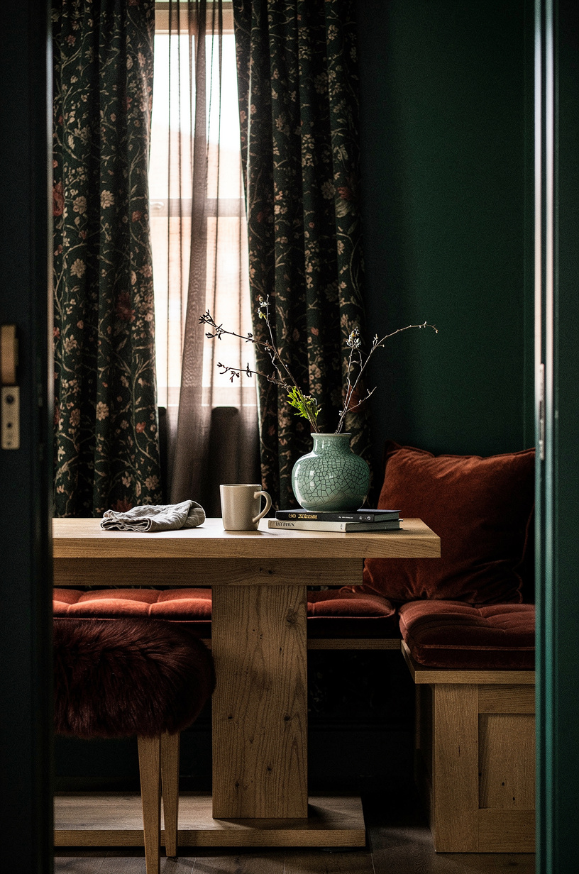 Layer a dark floral café curtain